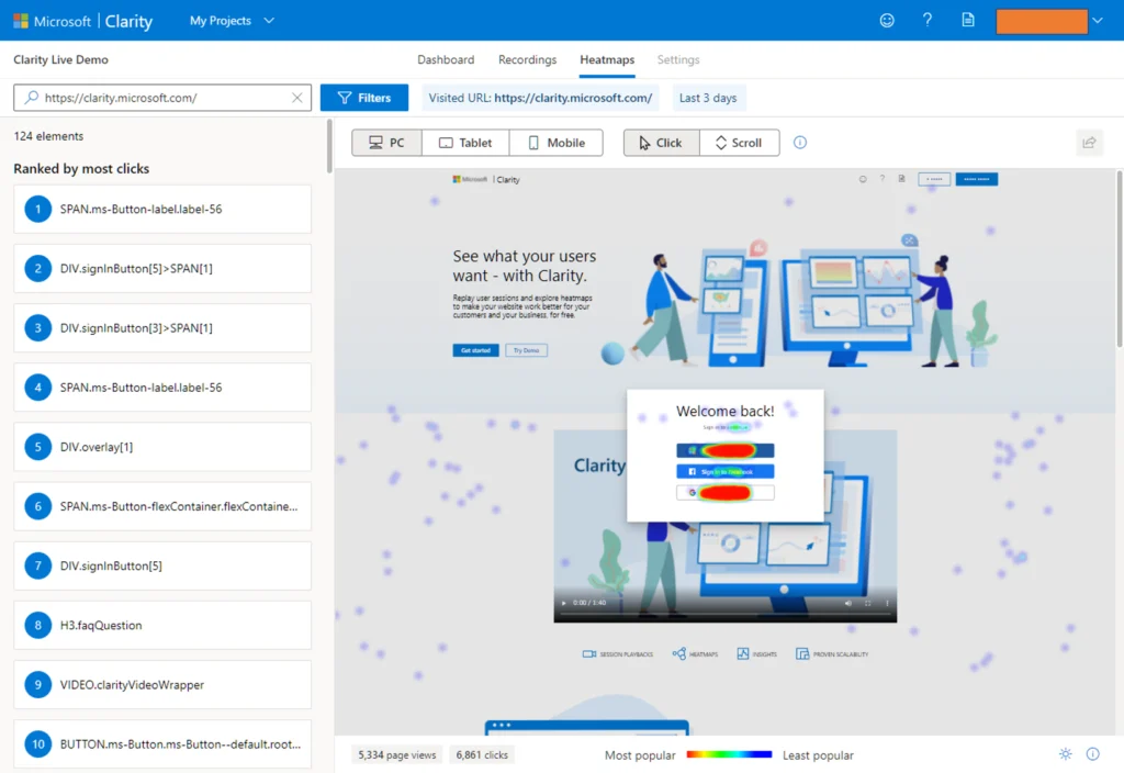 Microsoft Clarityのクリックヒートマップ